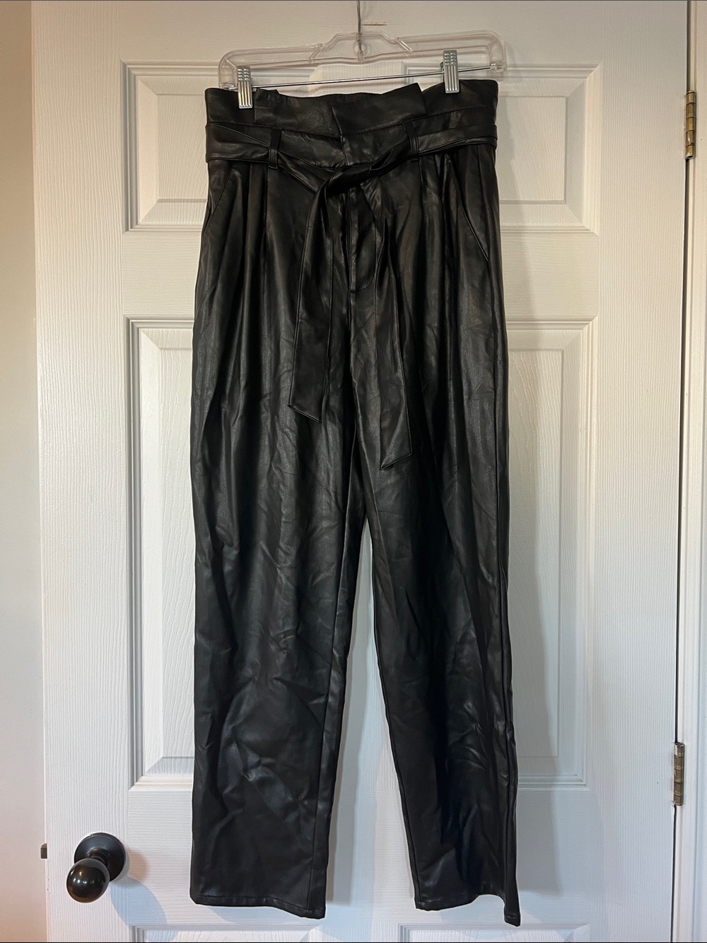Joe Fresh Black Faux Leather Paperbag Waist Tie Pants